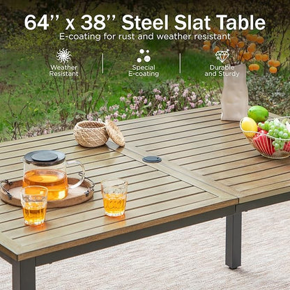 PHI VILLA Outdoor Table & Chairs Wrought Iron Patio Furniture 7 Piece, Large Dining with Umbrella Hole 6 Backyard Garden Support 300LBS for Deck, Lawn, Garden, Black Style 3, Brown-64'' x 38'' 29''