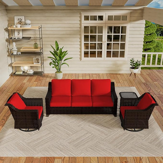 Vista Vibe 4 Pieces Outdoor Patio Conversation Furniture Set - 78" 3-Seat Sofa | 2 Swivel Glider Rocker Chairs | Wicker End Table, Rattan Loveseat, Upholstered Couch, Garden, Deck (Brown/Red)