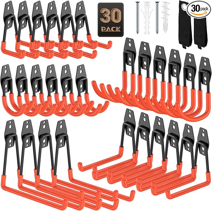 30 Pack Garage Hooks, Heavy Duty Steel Wall Mount Utility Hangers with Anti-Slip Coating for Hanging Bikes, Ladders, Power Tools, and Garden Equipment