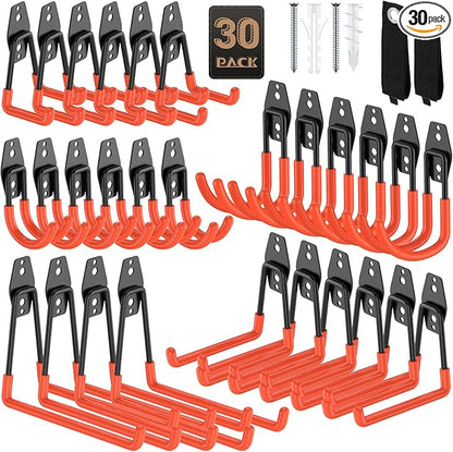 30 Pack Garage Hooks, Heavy Duty Steel Wall Mount Utility Hangers with Anti-Slip Coating for Hanging Bikes, Ladders, Power Tools, and Garden Equipment