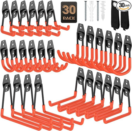 30 Pack Garage Hooks, Heavy Duty Steel Wall Mount Utility Hangers with Anti-Slip Coating for Hanging Bikes, Ladders, Power Tools, and Garden Equipment