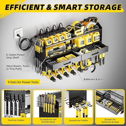 Power Tool Organizer Wall Mount Heavy Duty 400 lbs, 4 Layers Storage Rack with 9 Drill Holders & Battery Storage, Cordless Tool Organizer for Garage, Workshop & Tool Room