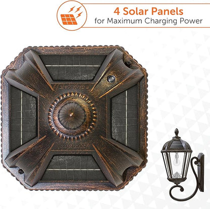 Gama Sonic Solar Outdoor Wall Light, Royal Bulb Exterior Sconce Lamp, Weathered Bronze Finish Aluminum, Rain Water Glass, Warm White LED with Omni-Direction Reflector, 98B310 Upgraded Panel & Battery