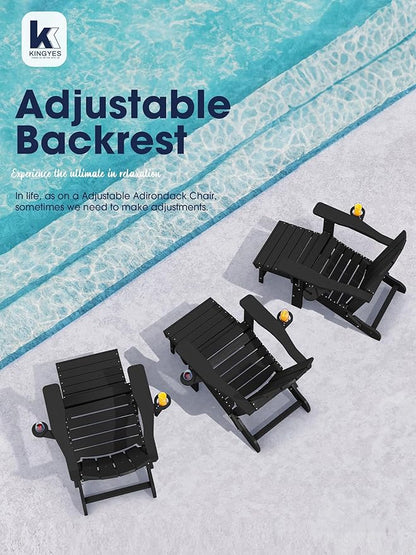 KINGYES Folding Adjustable Adirondack Chair with Ottoman & 2 Cup Holders Set of 4, HDEP Multifunctional Adirondack Chair with Footrest, Black