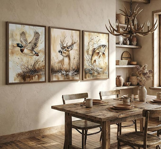 3Pcs Rustic Outdoor Wildlife Canvas Wall Art,Watercolor Deer Duck And Fish Posters Prints,Vintage Farmhouse Hunting Wall Decor Pictures,for Living Room Bathroom Kitche Home Decoration