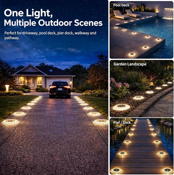 SHONELIGHTING Solar Driveway Lights, Super Bright 48 LED Disc Lights, Flat Low Profile IP67 Ground Lights Easy Install for Deck, Dock, Pathway, Patio, Walkway (Warm White, 2 Pack)
