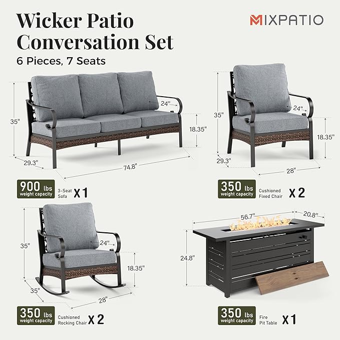Patio Furniture Set with Firepit Table, Black Frame Outdoor Conversation Set with 2 x Fixed Chairs, 2 x Rocking Chairs, 1 x 3-Seat Sofa for Lawn Garden Backyard, Grey