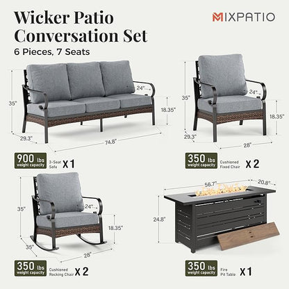 Patio Furniture Set with Firepit Table, Black Frame Outdoor Conversation Set with 2 x Fixed Chairs, 2 x Rocking Chairs, 1 x 3-Seat Sofa for Lawn Garden Backyard, Grey