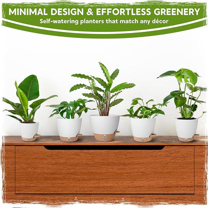 Self-Watering Pots for Indoor Plants with Visible Water Window,5/6/6.5/8/10 Inch Outdoor Flower Pots with Drainage Holes & Reservoir for Patio, Home Decor (White)