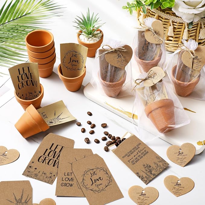 Reallnaive 24 Sets Wedding Favor Flower Seeds Let Love Grow Seed Packets for Guests Family Reunion Wildflower Mini Terracotta Pots Seed Packets Self Adhesive Envelopes Thank You Tags Organza Bags