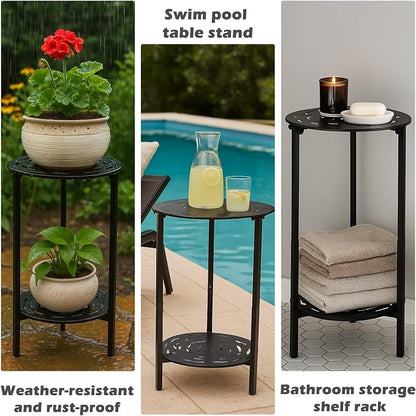 2-Tier Metal Round Side Table Black Accent Coffee Tables Small Space Corner Plant Stand Shelf for Indoor Outdoor Use Patio Balcony End Table Laser-Cut Floral Pattern Weather-Resistant