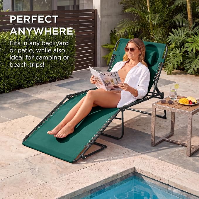 Best Choice Products Extra Wide Patio Chaise Lounge Chair, Portable Outdoor Folding Recliner for Lawn, w/ 8 Positions, Handles, 440lb Capacity - Forest Green