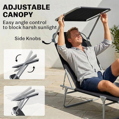 Outsunny Outdoor Lounge Chair, Adjustable Folding Chaise Lounge, Tanning Chair with Sun Shade for Beach, Camping, Hiking, Backyard, Black