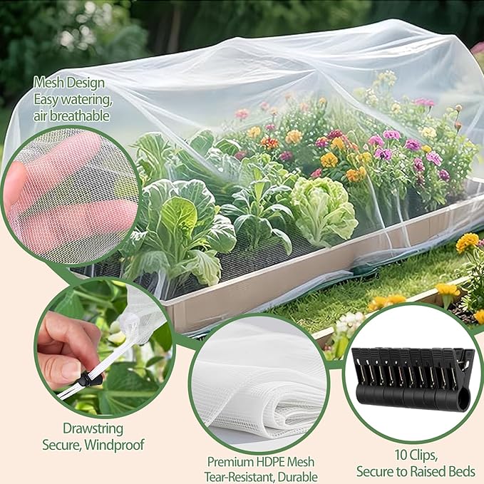 2 Pack Garden Netting for Raised Beds, Rectangular Raised Garden Bed Cover, HDPE Mesh Plant Cover with Drawstring, Protect Vegetables Fruits Strawberries, 55.1×27.6×27.6in