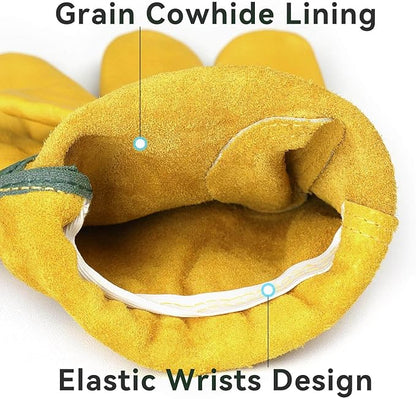 OZERO Leather Work Gloves for Men & Women, 5 Pairs Genuine Cowhide Garden Gloves, Lab Tested EN388 2143X, Flexible Grip, Breathable Unlined Comfort, Elastic Wrist (Gold, Medium)