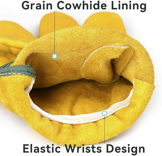 OZERO Leather Work Gloves for Men & Women, 5 Pairs Genuine Cowhide Garden Gloves, Lab Tested EN388 2143X, Flexible Grip, Breathable Unlined Comfort, Elastic Wrist (Gold, Large)