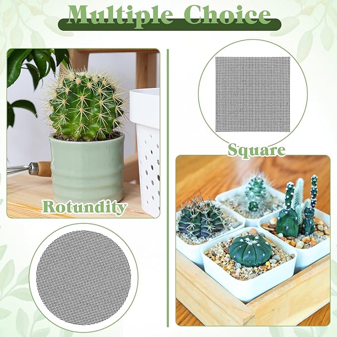 JJUNW 100Pcs Bonsai Pot Meshs Pad, 4 inch Round&Square Flower Pot Hole Mesh, Drainage Mesh Hole Screens Durable Reusable Bonsai Bottom Grid Mat Gardening Essentials