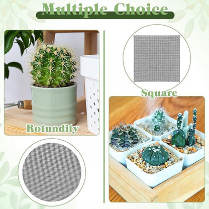 JJUNW 100Pcs Bonsai Pot Meshs Pad, 4 inch Round&Square Flower Pot Hole Mesh, Drainage Mesh Hole Screens Durable Reusable Bonsai Bottom Grid Mat Gardening Essentials