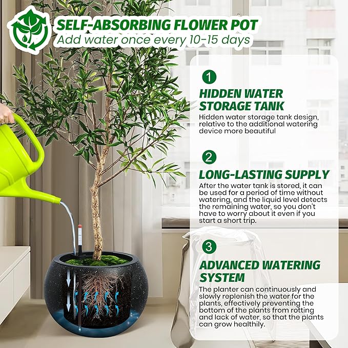 11.3 H x 13.4 " Dia Round Self Watering Pots, Self Watering Pots for Indoor Plants, Plant Pots with Built-in Drainage and Water Level Monitor, for Patio, Porch, Living Room, or Home Office - White Dot
