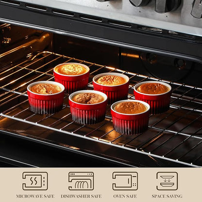 MALACASA Ramekins 6 oz Oven Safe, Small Ceramic Souffle Dishes for Creme Brulee Souffle, Stoneware Custard Cups Ramiken for Baking, Dessert Bowls Dipping Sauce Dish Set of 6, Red, Series RAMEKIN-DISH