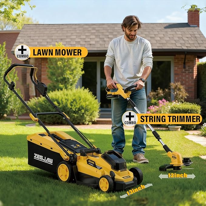 ZEGJAW 20v 13-inch Lawn Mower and 12-inch String Trimmer Combo with 2x4.0Ah Batteries and Charger, Grass Cutter with 5-Position Height Adjustment, Weed Wacker with 8pcs Line for Yard, Garden