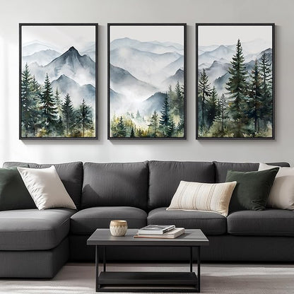 Framed Mountain Landscape Wall Art for Living Room, Large Foggy Forest Watercolor Artwork for Walls, 3 Piece Nature Mountain Forest Paintings Prints for Hallway Office Kitchen Wall Decor, 24x36 Inch