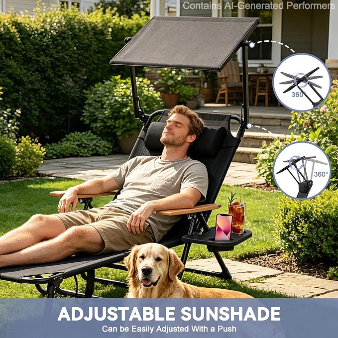 Beach Lounge Chairs with Armrests, 4-Position Folding Lounge Chairs for Outside, Sunbathing Portable Lounge Chaise, Tanning Chair Pillow & Cup Holder, for Outside Beach Pool (Black.)