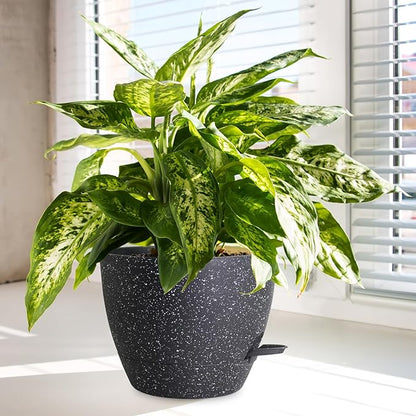 12/10/9 inch Large Self Watering Pots, Planter, Plant Pots with Mesh Drainage Holes for Indoor Outdoor Garden Plants, Plastic Flower Pots with Removable Deep Reservoir, Speckled Black