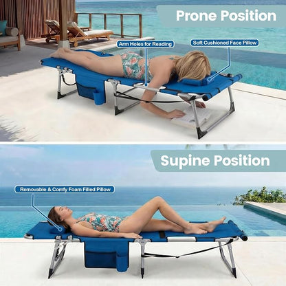 Giantex 2-Pack Tanning Chair with 5 Adjustable Position, Face & Arm Hole, Hand/Shoulder Strap, Removable Pillow, Side Pocket, 330 Lbs Capacity, Lounge Chair Outdoor for Beach, Sunbathing, Blue