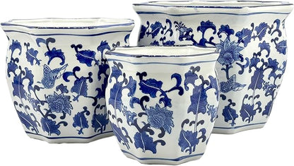 Galt International Blue & White Round Fluted Floral Porcelain Ceramic Plant Flower Planter Pot Set of 3 (7.5", 10", 13") Garden Pots Chinese Asian Design