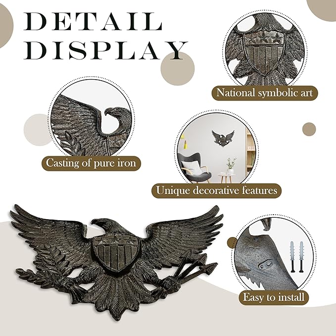 Linton Arts Cast Iron Black Eagle Wall Decor, Outdoor Metal Eagle Statue for Wall Art, Patriotic Decor with Shield, Indoor Outdoor American Wall Hanging【eagles wall decor】