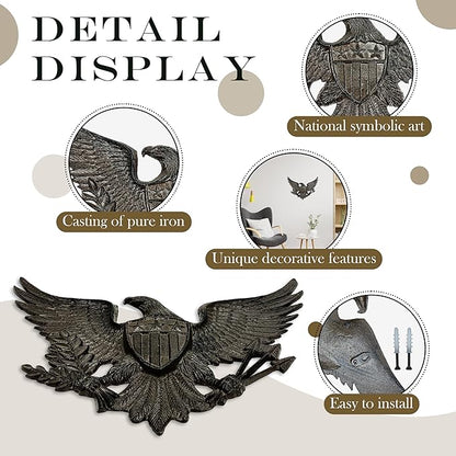 Linton Arts Cast Iron Black Eagle Wall Decor, Outdoor Metal Eagle Statue for Wall Art, Patriotic Decor with Shield, Indoor Outdoor American Wall Hanging【eagles wall decor】