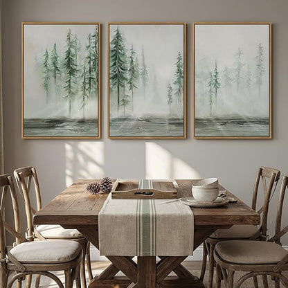 Framed Green Abstract Landscape Wall Art for Living Room, Large 3 Piece Neutral Forest Tree Canvas Artwork for Walls, Modern Wall Art Decor Nordic Painting Picture Prints for Hallway Office 24x36 Inch