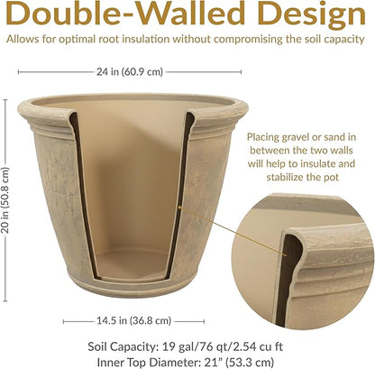 Sunnydaze 24-Inch Anjelica Large Plastic Pot for Plants - Double-Walled Outdoor Polyresin Round Planter Porch Pot with Drillable Drainage Holes - Beige
