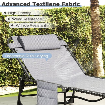Outdoor Folding Lounge Chair, 4-Level Reclining Backrest Chaise Lounge, Removable Pillow & Side Pocket Design, Breathable Portable Tanning Chair for Poolside, Beach, Patio, Backyard