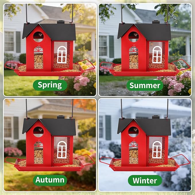 Solar Bird Feeder for Outdoors - Red Metal Hanging Bird Feeder with Solar Light, Decorative for Wild Cardinals, Finches, Weatherproof Backyard Garden Decor Ideal Gift for Women Mom Grandma