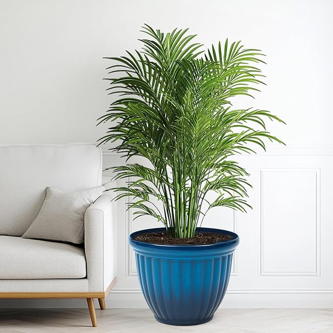 15" Outdoor Large Flower Pots (Set of 2), Gradient Blue Plastic Planters with 3D Texture, Weather-Resistant for Garden, Patio, Porch or Indoor Use