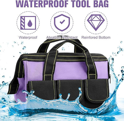 Sanwuta 3 Pack Tool Bag for Men with Waterproof Hard Bottom, Heavy Duty Tool Bag Wide Mouth Tote for Various Instrument, Electrician Carpenter Mechanic(Red, Pink, Light Purple,16 Inch,Classic)