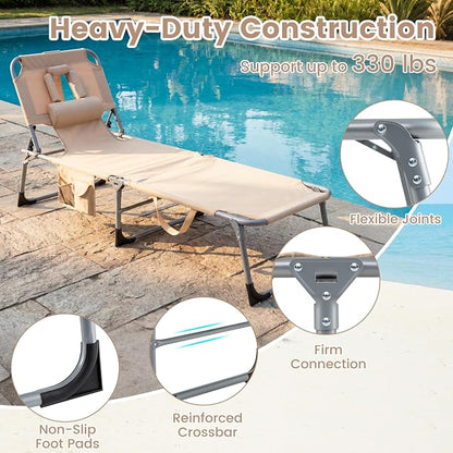 Goplus Tanning Chair, Folding Adjustable Patio Lounge Chair with Face Hole, Removable Pillow, 330LBS, Carry Strap, Outdoor Sunbathing Chair, Lightweight Portable Beach Lounge Chair (1, Beige)