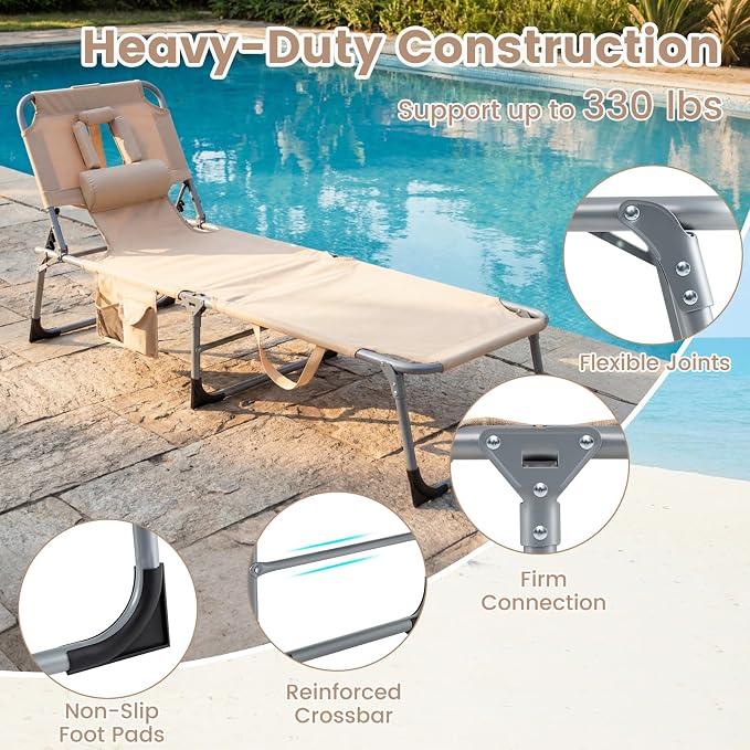 Goplus Tanning Chair, Folding Adjustable Patio Lounge Chair with Face Hole, Removable Pillow, 330LBS, Carry Strap, Outdoor Sunbathing Chair, Lightweight Portable Beach Lounge Chair, No Assembly