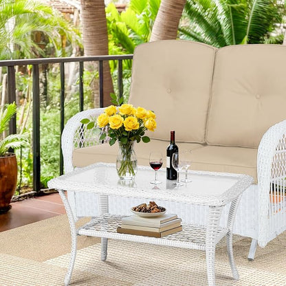 MEETWARM Wicker Patio Coffee Table, 34.5" Rectangle Outdoor Coffee Table with Tempered Glass Top and 2-Tier Storage Shelf, All-Weather Rattan Patio Side Table for Outside Poolside Deck Garden, White