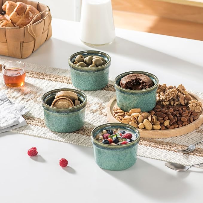 Ramekins 6 oz Oven Safe for Creme Brulee, Souffle Dishes - Ceramic Baking Bowls Set of 4 for Pudding Cups, Custard, Ice Cream, Dips and Appetizers - Moss Green