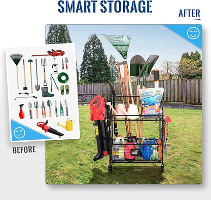 Mythinglogic Garden Tool Organizer for Garage, Yard Tool Rack with Wheels, Garage Organizers and Storage Holder for Yard Tools (Deluxe Tower)