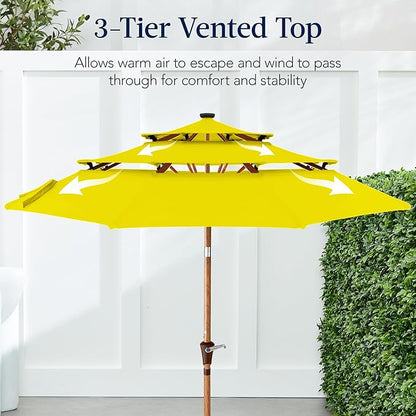 Best Choice Products 10ft 3-Tier Solar Patio Market Umbrella, Outdoor Sun Shade for Backyard, Deck, Poolside, Table w/Woodgrain Pattern, LED Lights, Tilt Adjustment - Yellow