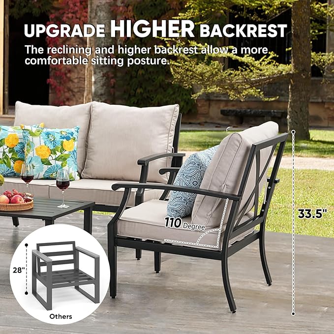 4 Pieces Patio Furniture Set w/loveseat,Coffe Table,Outdoor Conversation Metal Sofa with High Back and Thick Cushion,for Backyard,Garden,Beige