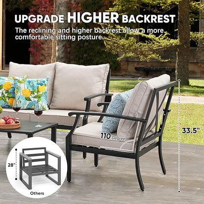 4 Pieces Patio Furniture Set w/loveseat,Coffe Table,Outdoor Conversation Metal Sofa with High Back and Thick Cushion,for Backyard,Garden,Beige