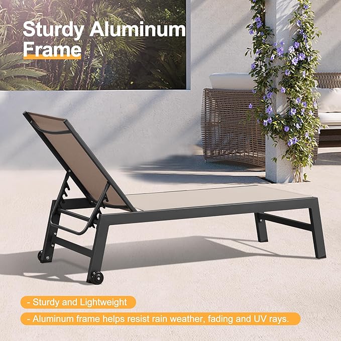 PURPLE LEAF Patio Chaise Lounge Set 4 Pieces Aluminum Outdoor Lounge Chairs with Wheels, Textilene Sunbathing Recliner, Beige