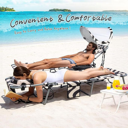 Tanning Chair with Face Hole for Adults, Outdoor Folding Lounge Chair with Canopy and Side Table for Phone Drink Tablet, 4 Position Adjustable Backrest, Lay Flat Chaise Lounger for Beach Patio Pool
