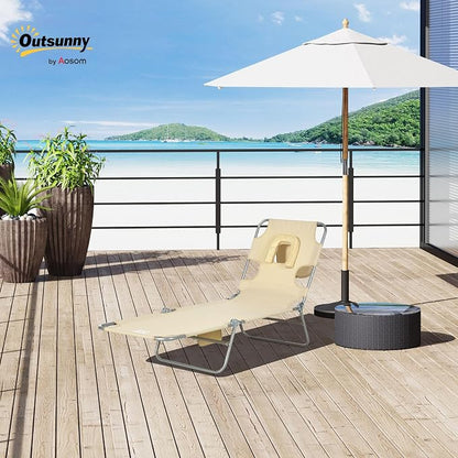 Outsunny Chaise Lounge Chair Outdoor with Face Arm Hole, 5-Position Reclining Face Down Tanning Chair with Carry Strap, Side Pocket, Portable Folding Bed Cot for Patio Beach Pool, Beige