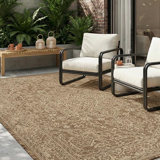MontVoo-Outdoor Rug-Patio Rug 8x10 Polypropylene Indoor Outdoor Rugs Carpet for Patio Deck Balcony Porch, Textured Weave, Durable for High Traffic, Fade-Resistant, Vintage Medallion Neutral Brown